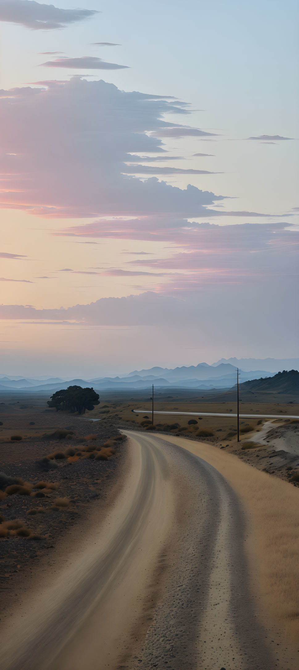 Tranquil desert landscape at dawn with winding dirt road