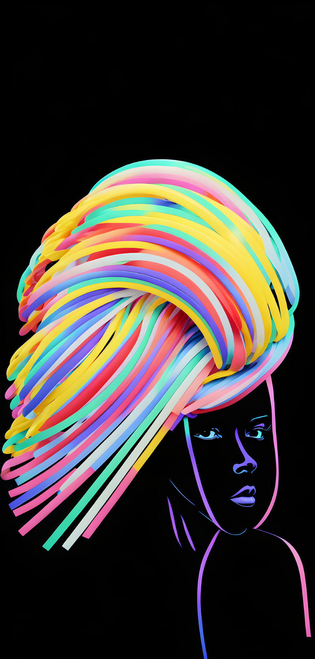 Vibrantly colored person with rainbow-streaked hair on black background