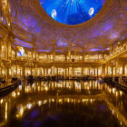 Luxurious Room with Golden Walls, Chandeliers, Reflective Floor, and Blue Glass Dome