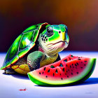 Bright Green Toy Turtle Nibbling Watermelon on Blue Background