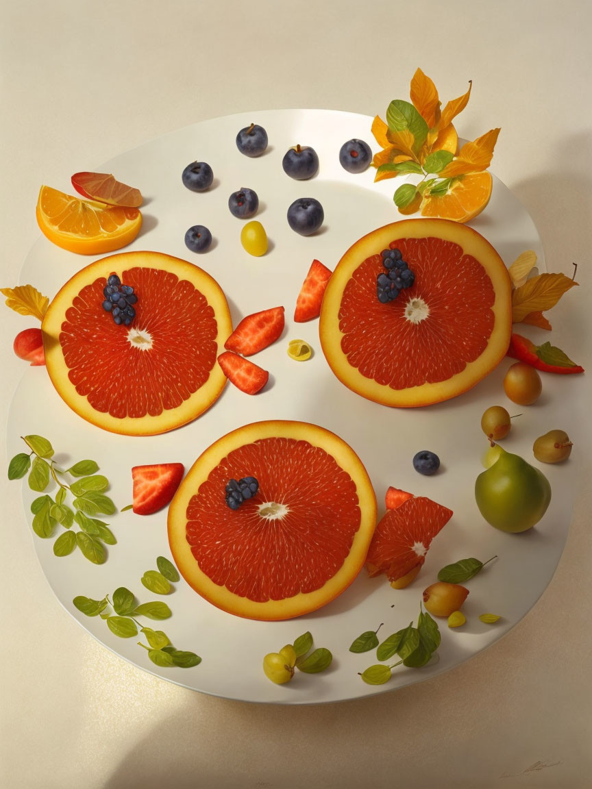 Plate with Sliced Oranges, Strawberries, Blueberries, Leaves, and Berries