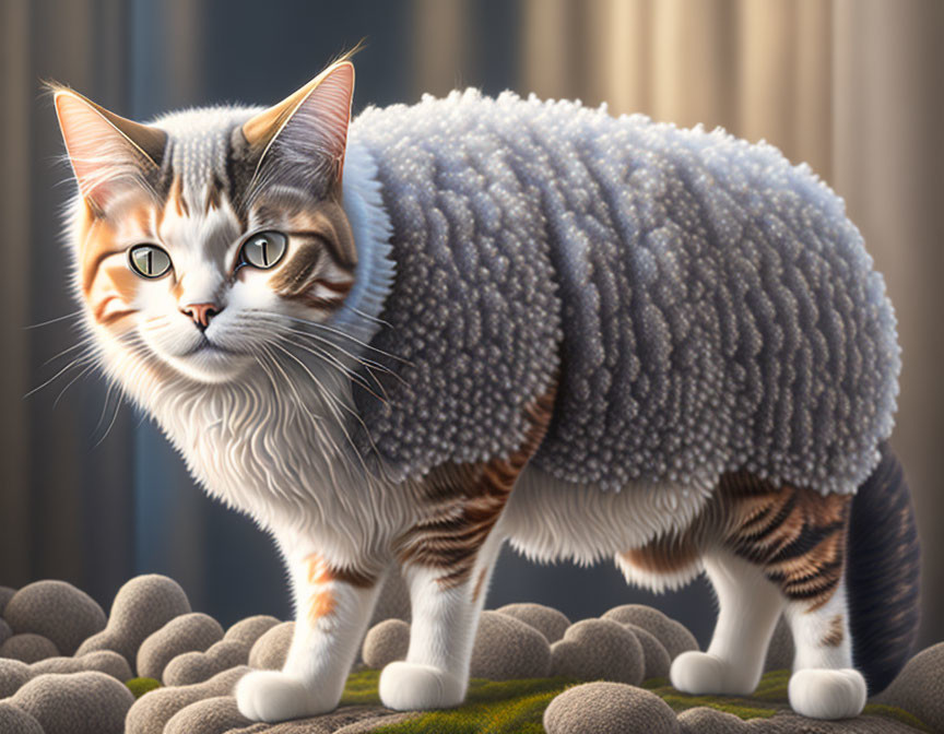 Digital artwork: Cat with tabby head and sheep body on curtain backdrop