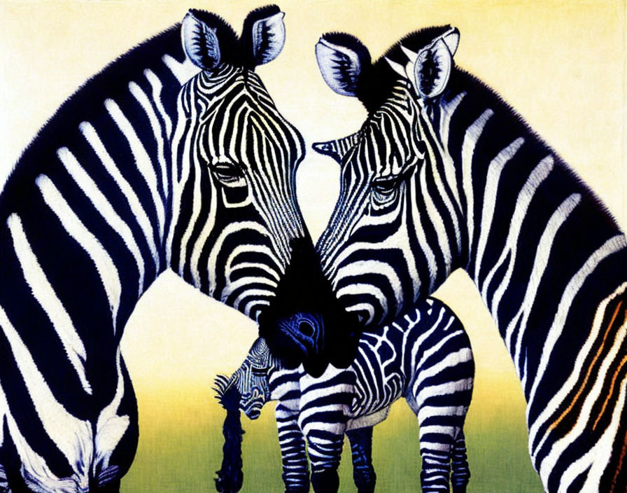 Zebras with aligned stripes creating surreal illusion