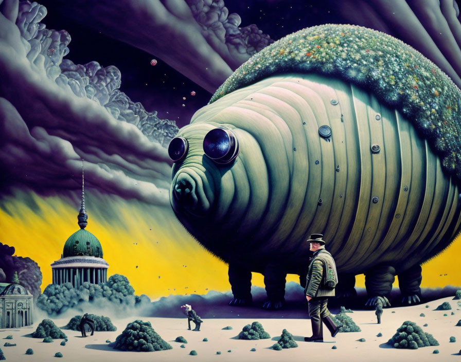 Surreal artwork: Giant caterpillar above classical building with vintage figures under stormy sky