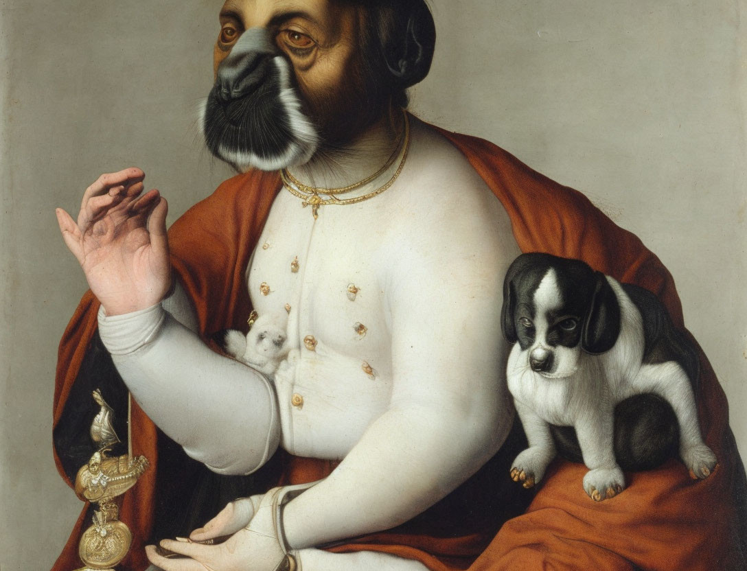 Man with Dog Head Holding Rodent and Puppy, Gold Chain Included