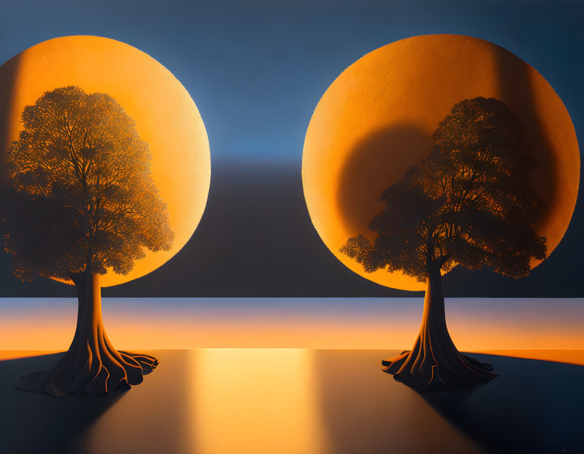 Symmetrical trees with expansive canopies in front of orange circles on surreal background