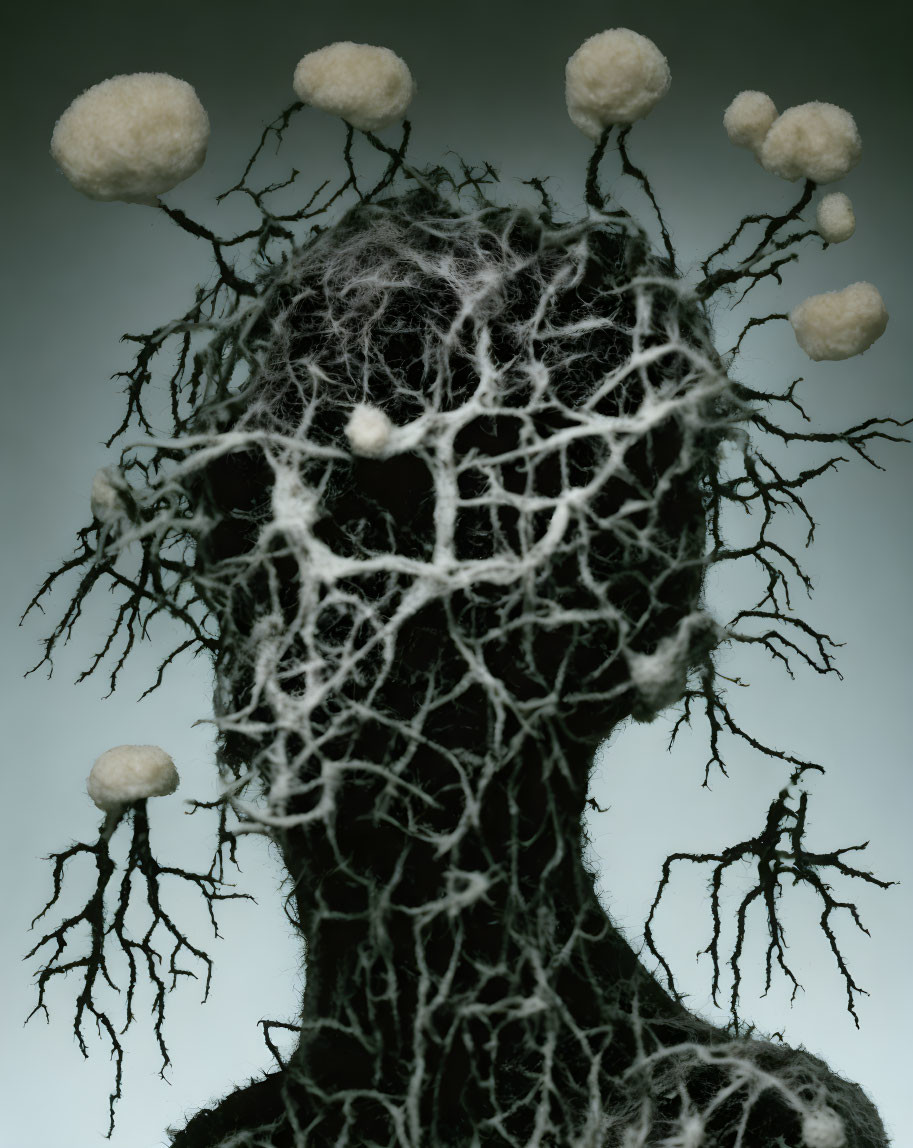 Human form with tree-like head and branching textures in art.