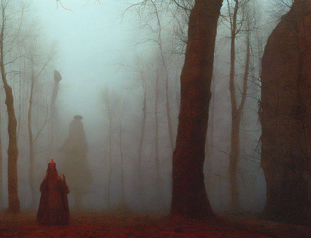 Misty forest scene with person in red cloak