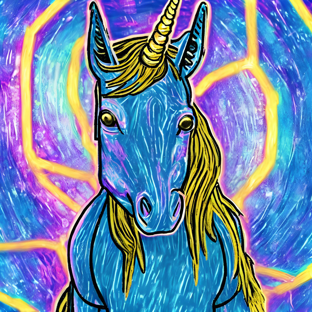 Blue unicorn with golden mane on psychedelic background