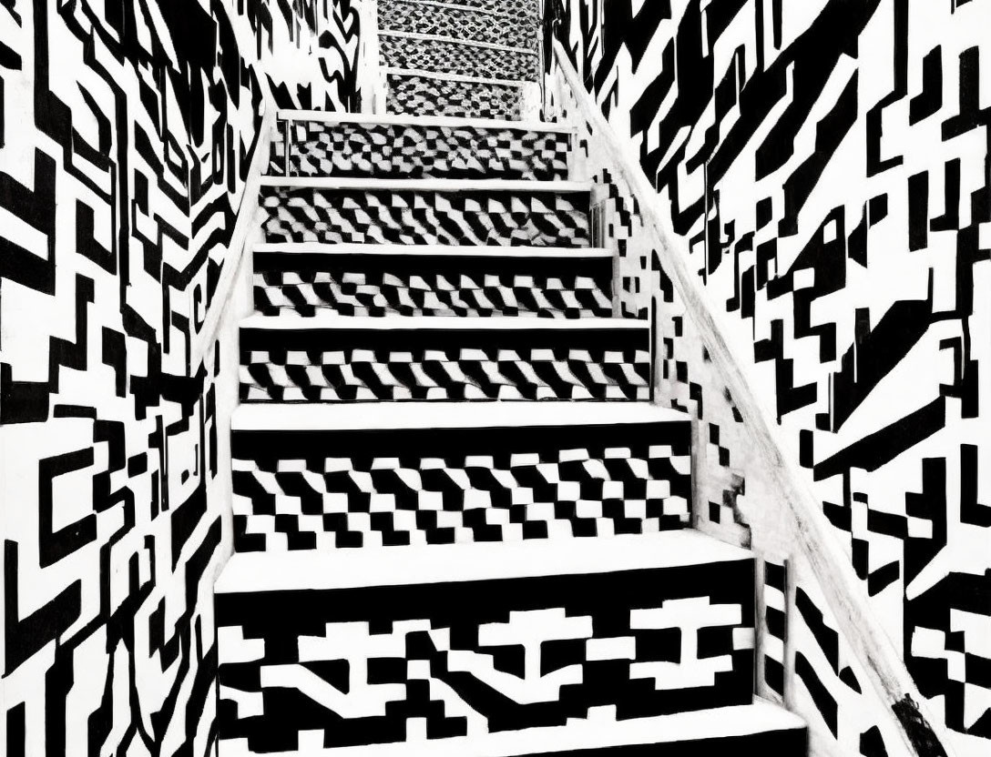 Intricate black and white staircase optical illusion