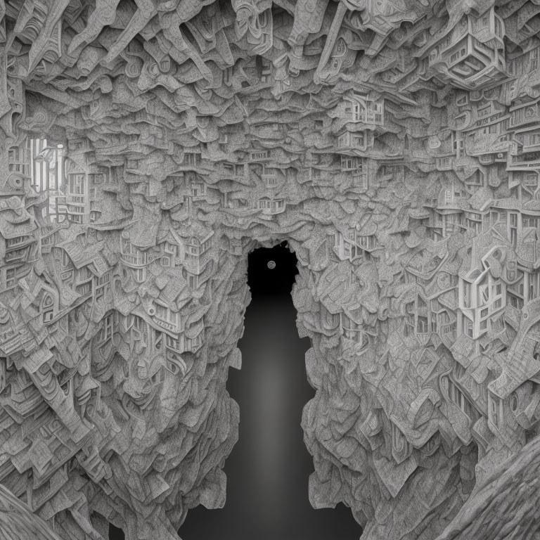 Surreal monochromatic architectural labyrinth with central void.