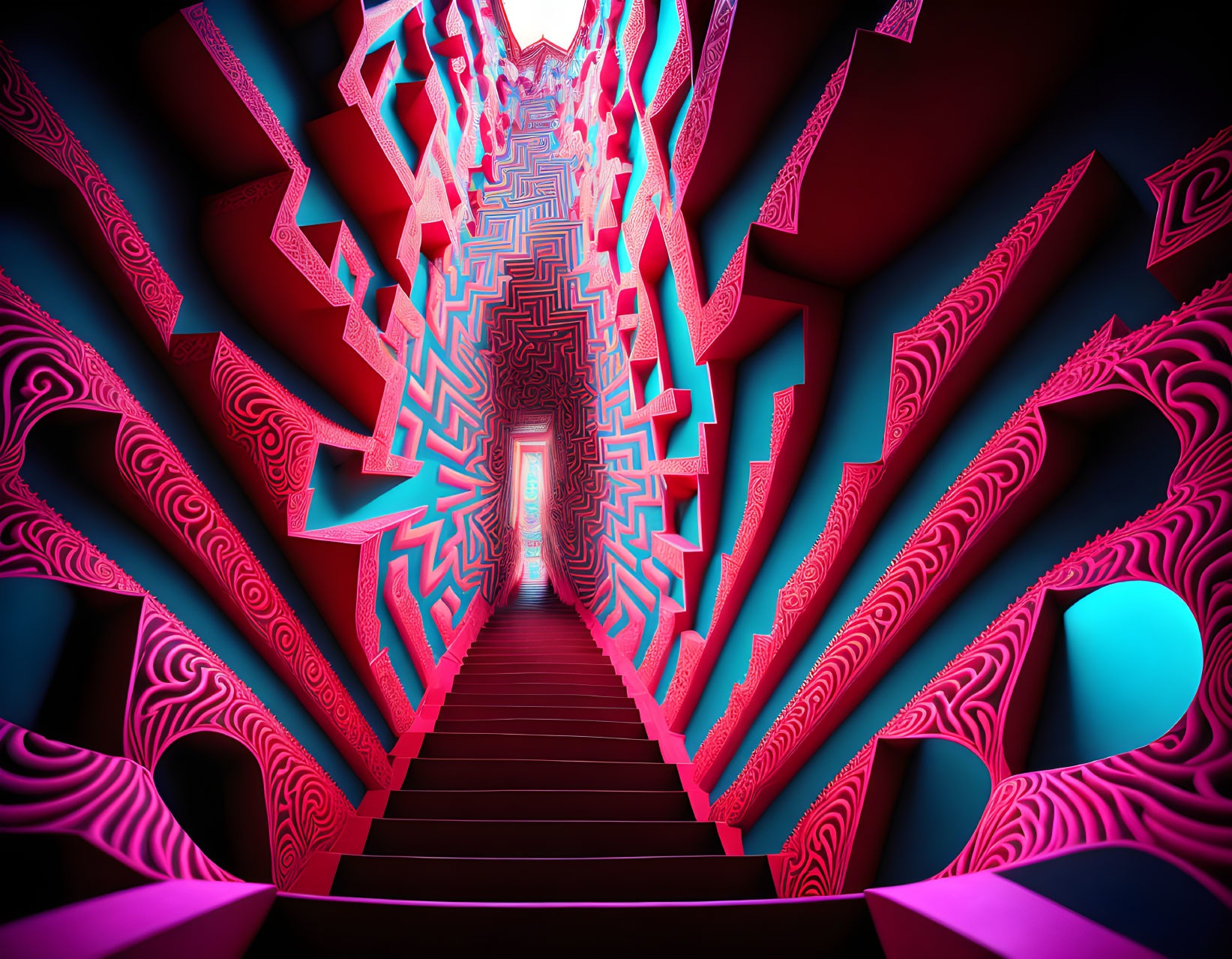 Colorful 3D-rendered maze with stairs and archway in pink, blue, and red