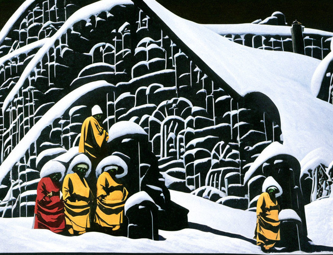 Monks in Bright Yellow Robes in Snow-Covered Bamboo Forest