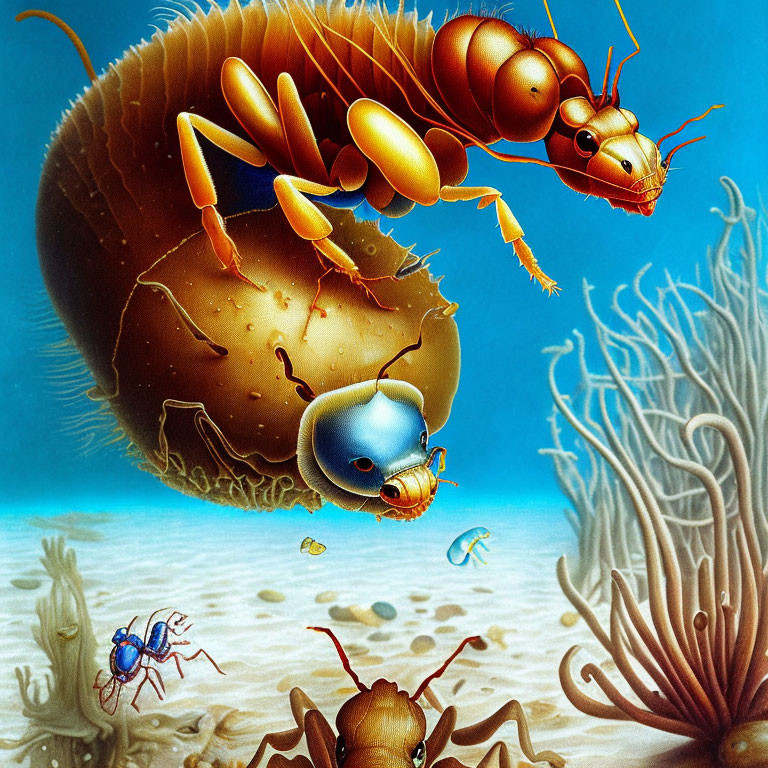 Vibrant oversized ants in surreal underwater scene with bubble rider