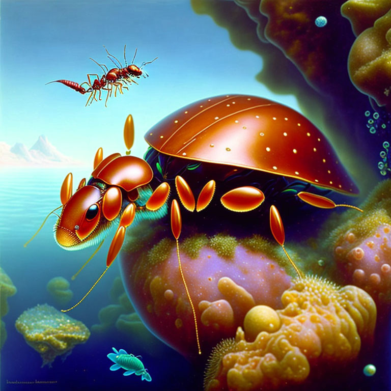 Surreal metallic ants in underwater-themed artwork with coral formations.