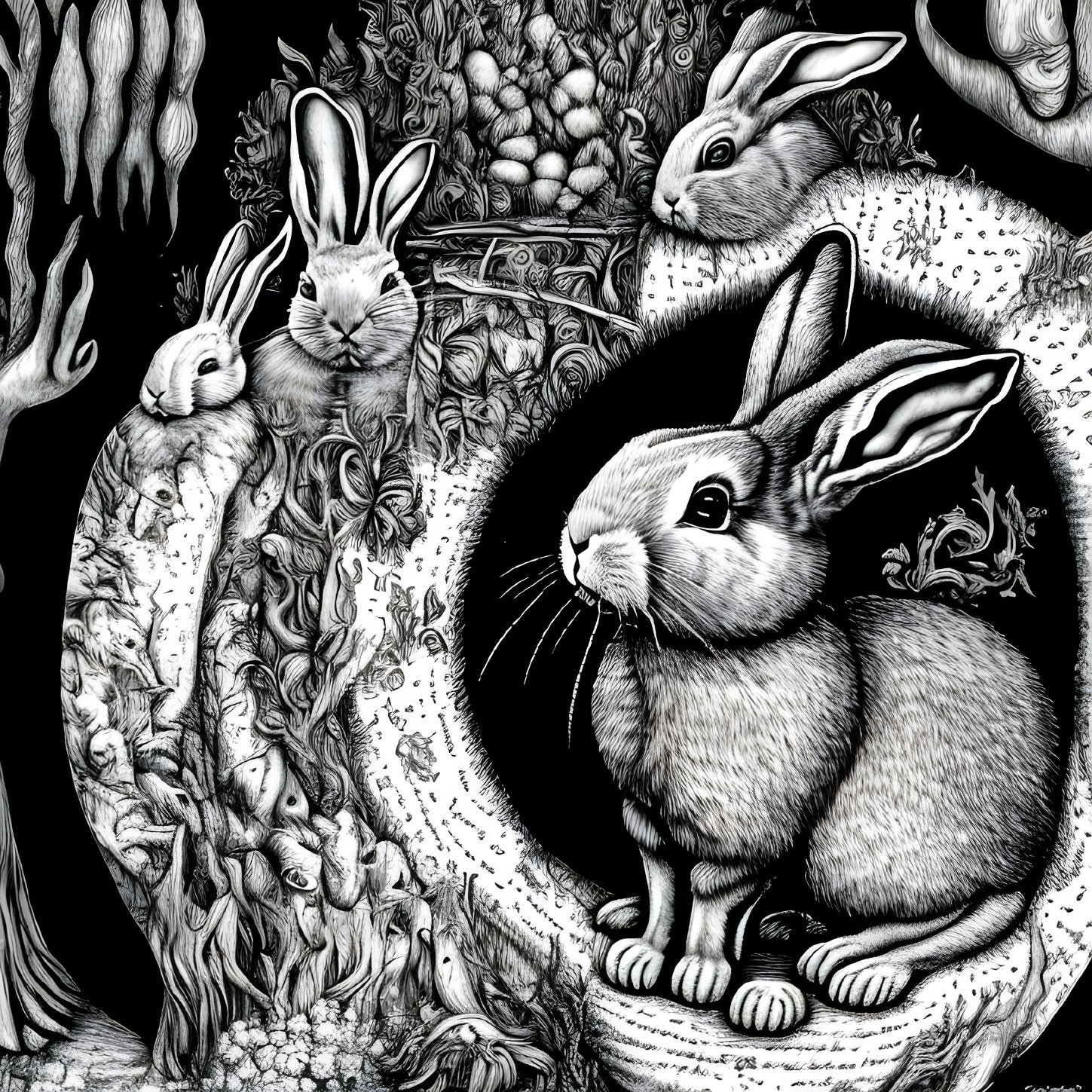 Detailed Monochrome Rabbit Illustration with Foliage and Patterns