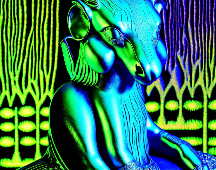 Colorful digitally altered statue image with neon blue and green hues.