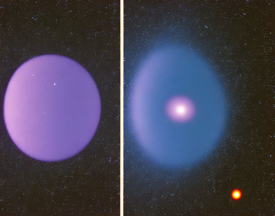 Astronomical images: Purple planet against starry sky and celestial body with bright center near red