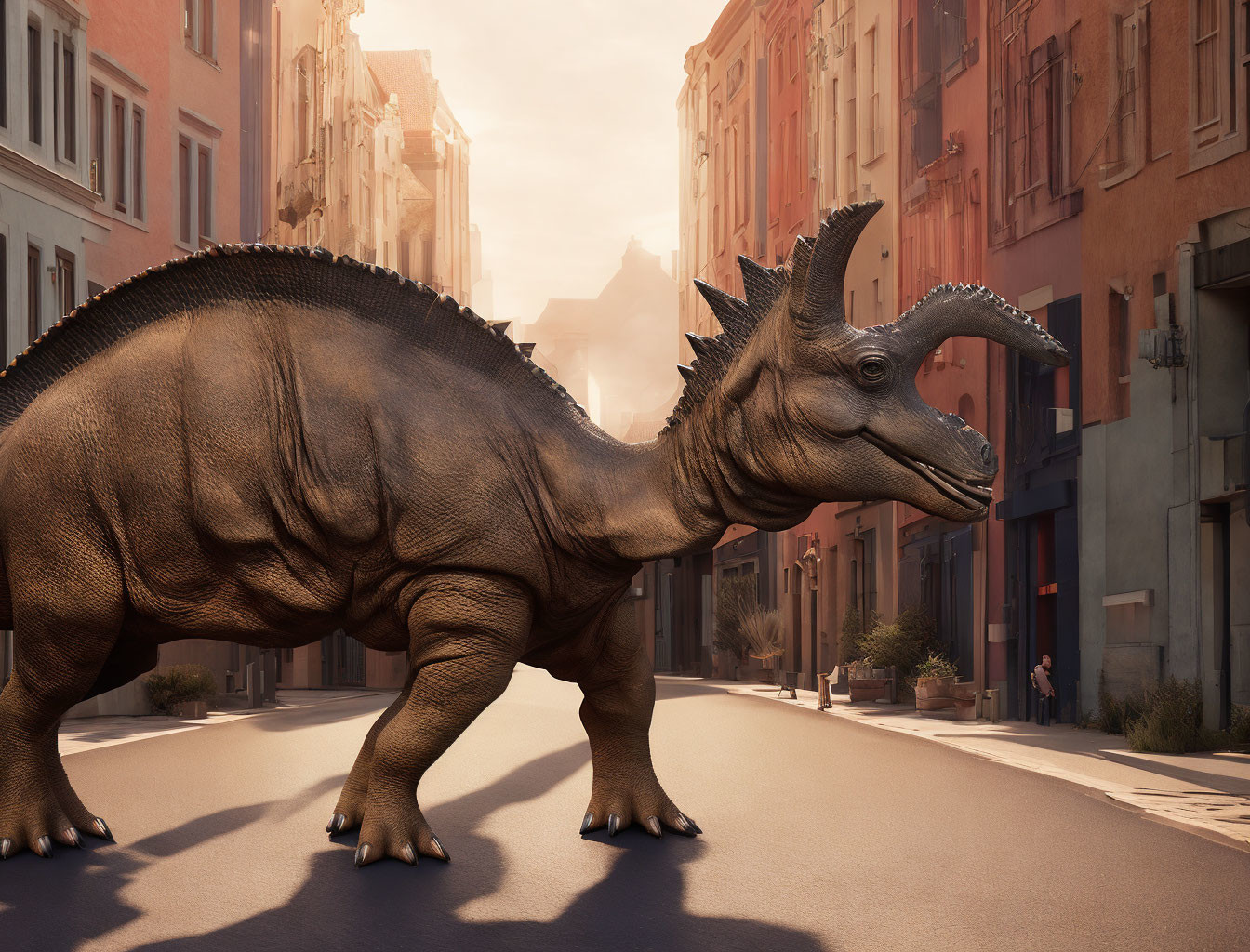 Digitally rendered triceratops in modern city street landscape