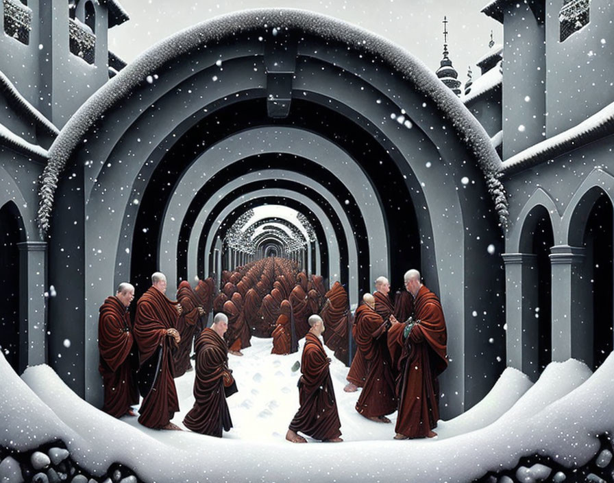 Brown-robed monks walk through snow-covered arches in serene winter scene