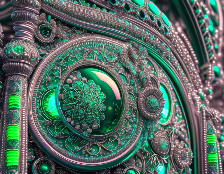 Detailed Fractal Art: Ornate Patterns, Metallic Textures, Glowing Emerald Accents