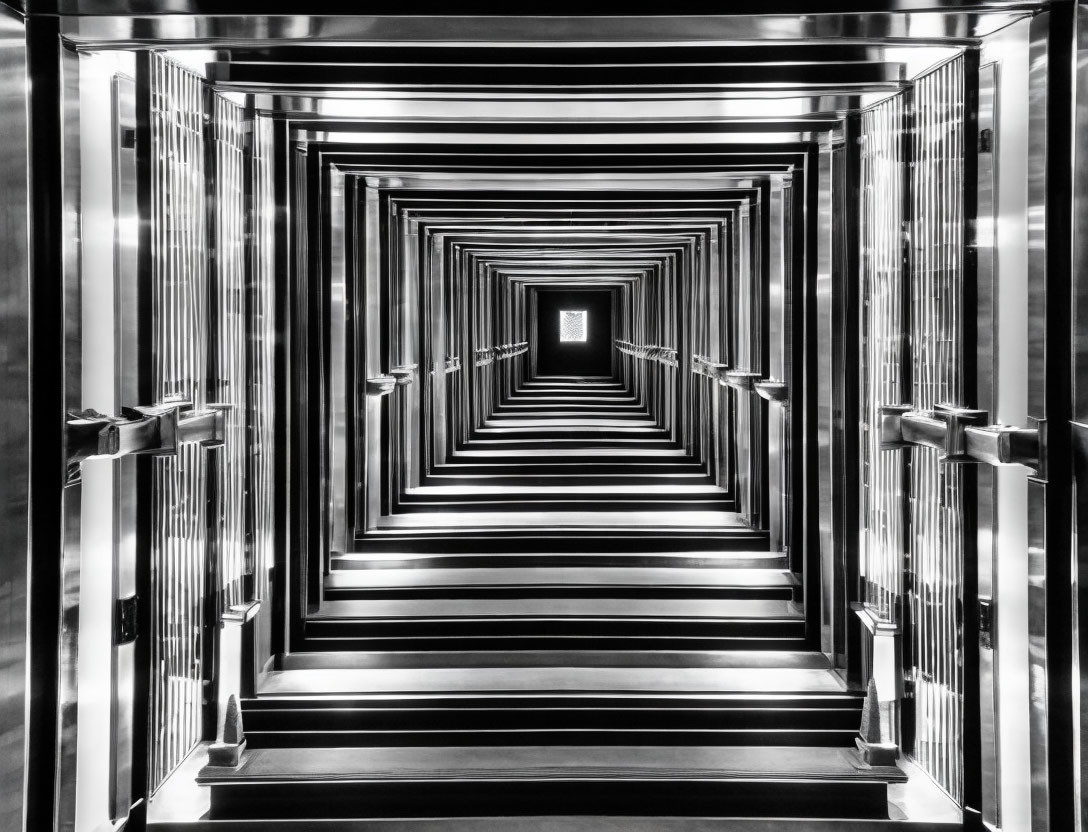 Geometric tunnel corridor with monochromatic rectangular frames and high-contrast lighting.