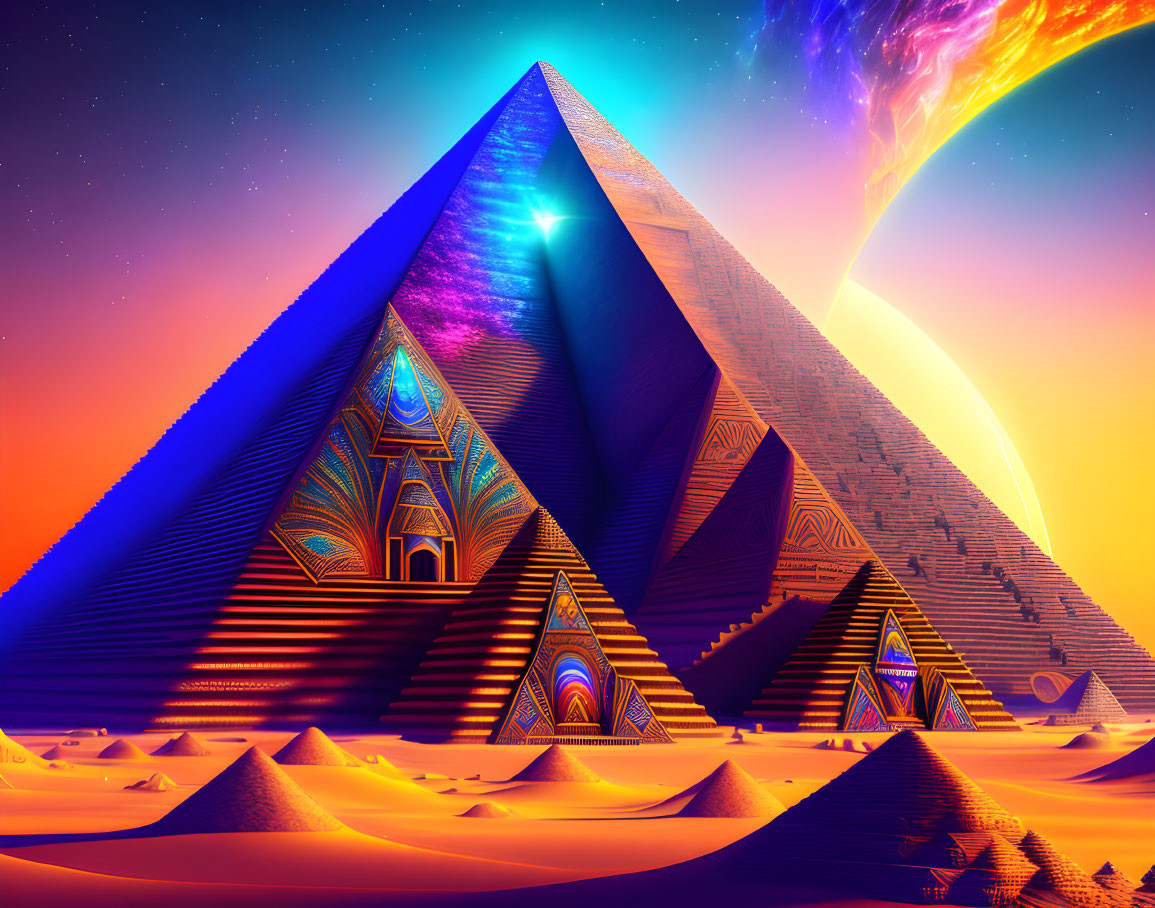 Colorful digital artwork: Pyramids, intricate patterns, desert, radiant sun, colorful sky