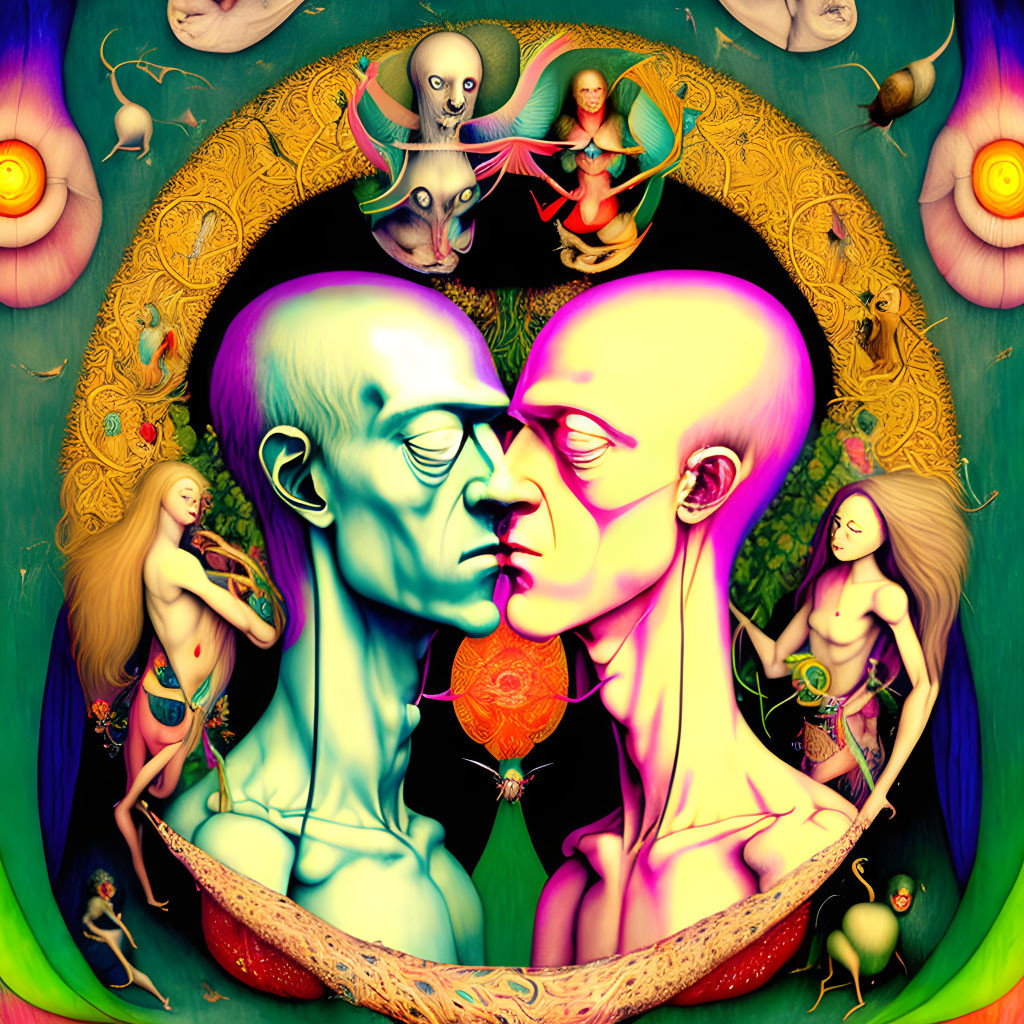 Colorful psychedelic artwork: Two elongated faces about to kiss