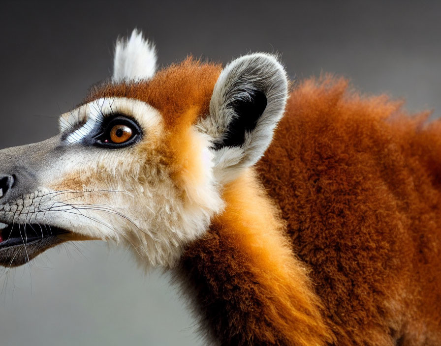 Lemur with Orange Fur and Expressive Eyes on Grey Background