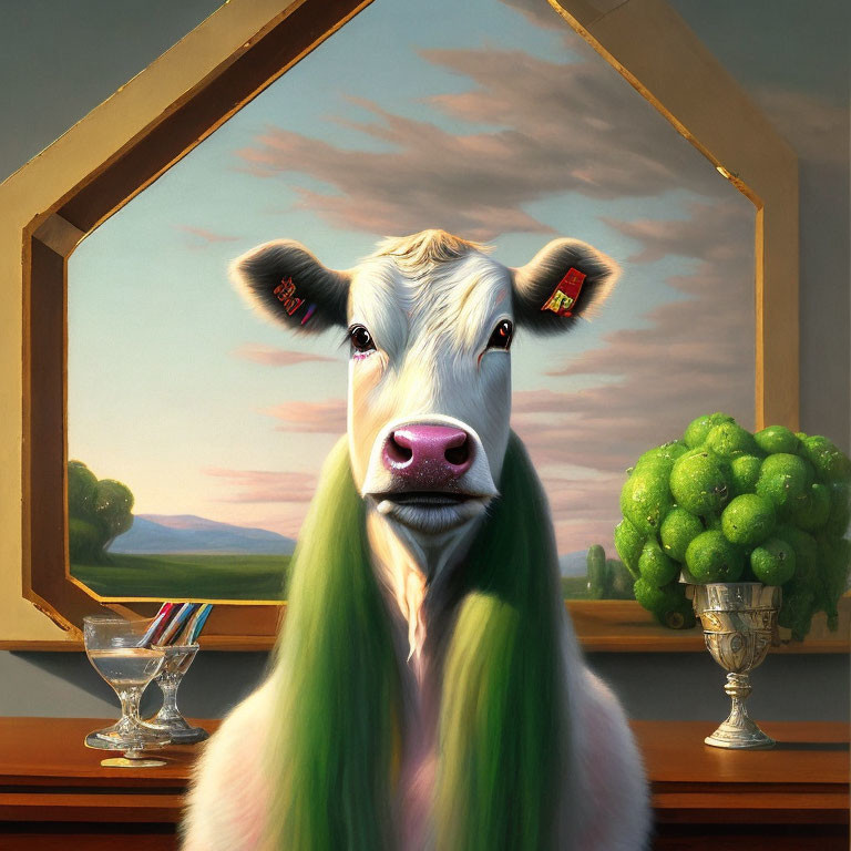 Surreal cow with green hair in mirror against serene landscape with candy bowl