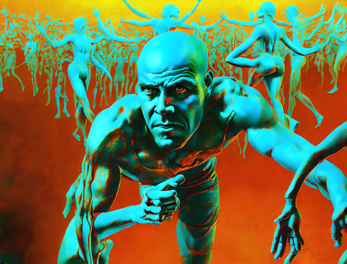 Vivid Red and Blue Illustration of Bald Man Among Figures