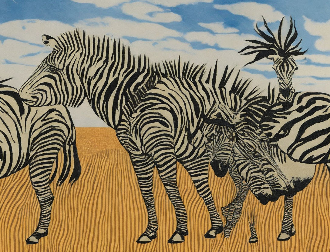 Stylized illustration of zebras in savannah landscape