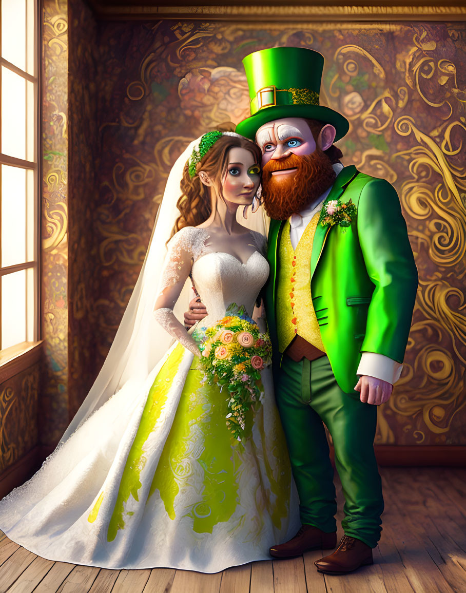 Whimsical bride in white and green gown with leprechaun-like groom in green suit and