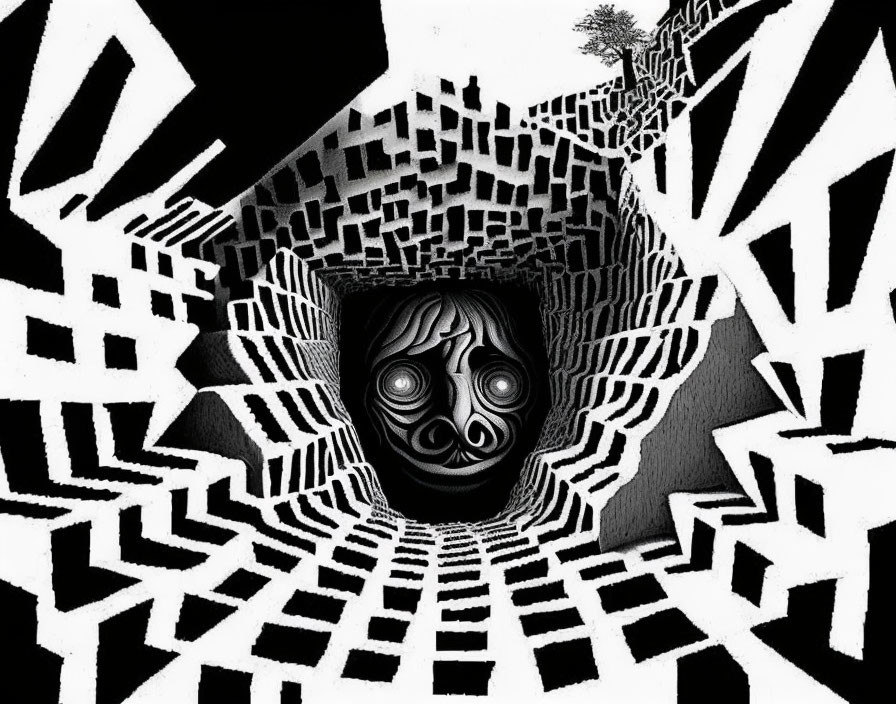 Surreal black and white illustration of distorted tunnel with patterned walls and bizarre face.