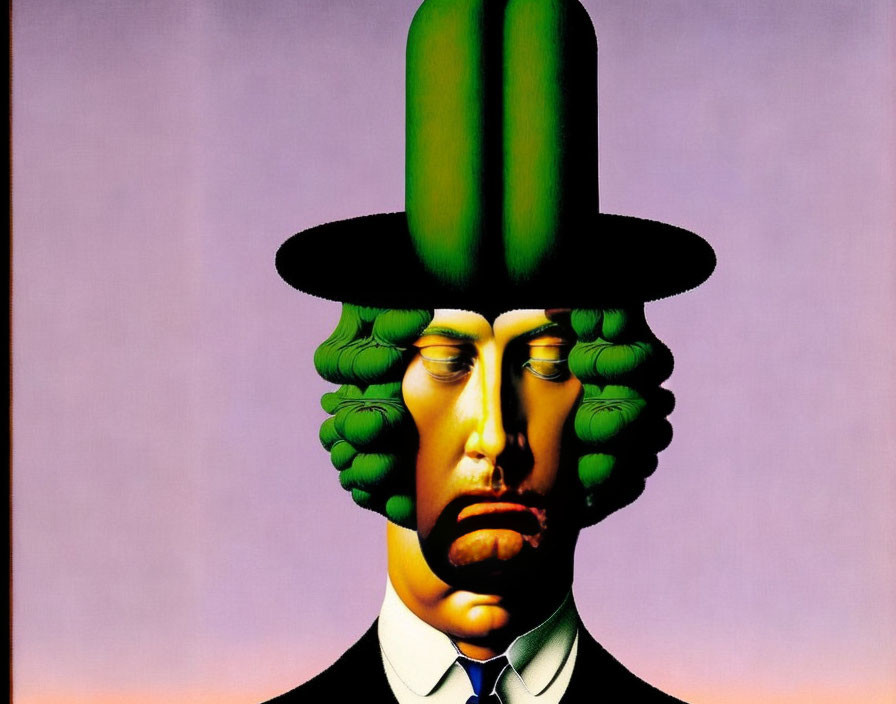 Surreal painting: man's face, closed eyes, green apple, bowler hat, purple