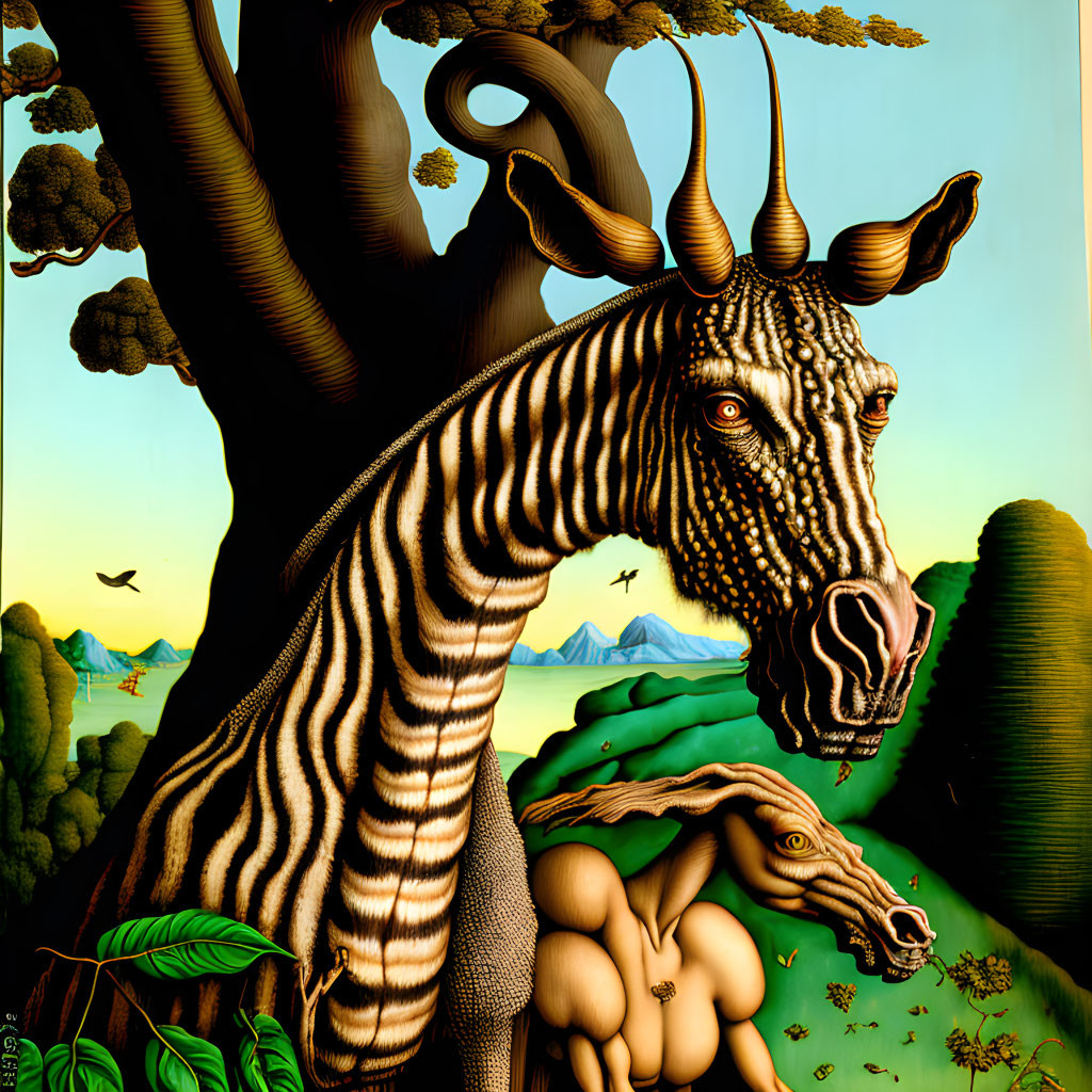 Surreal painting of zebra with twisted horn in vibrant landscape