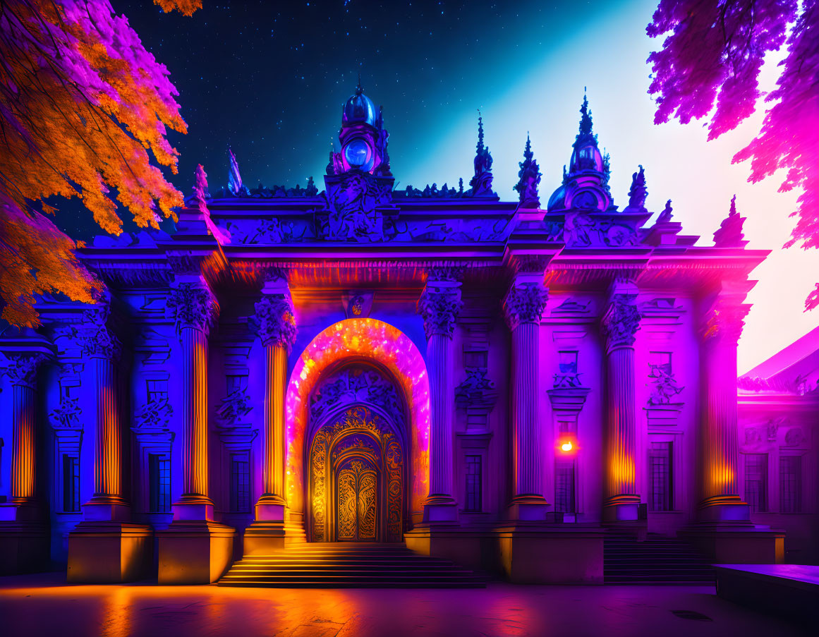 Neoclassical Building Night Scene with Purple and Pink Lighting