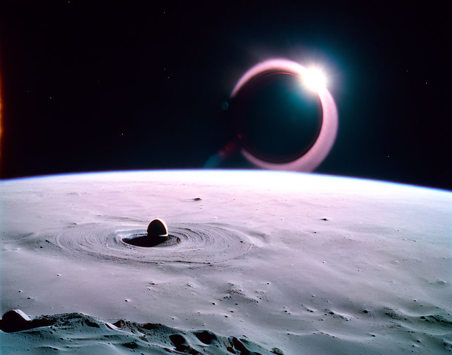 Surreal space scene: lunar landscape and ringed planet with glowing eclipse