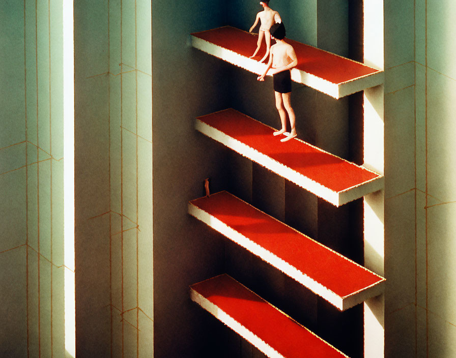 Surreal staircase with red edges in contrasting light and shadow