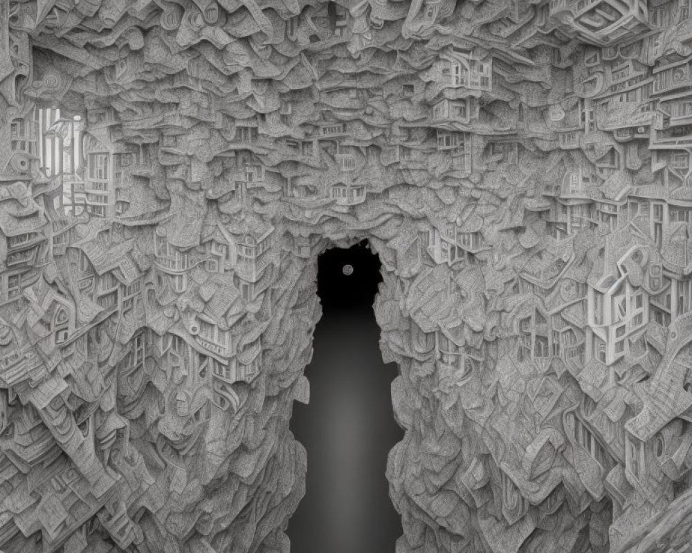 Surreal monochromatic architectural labyrinth with central void.