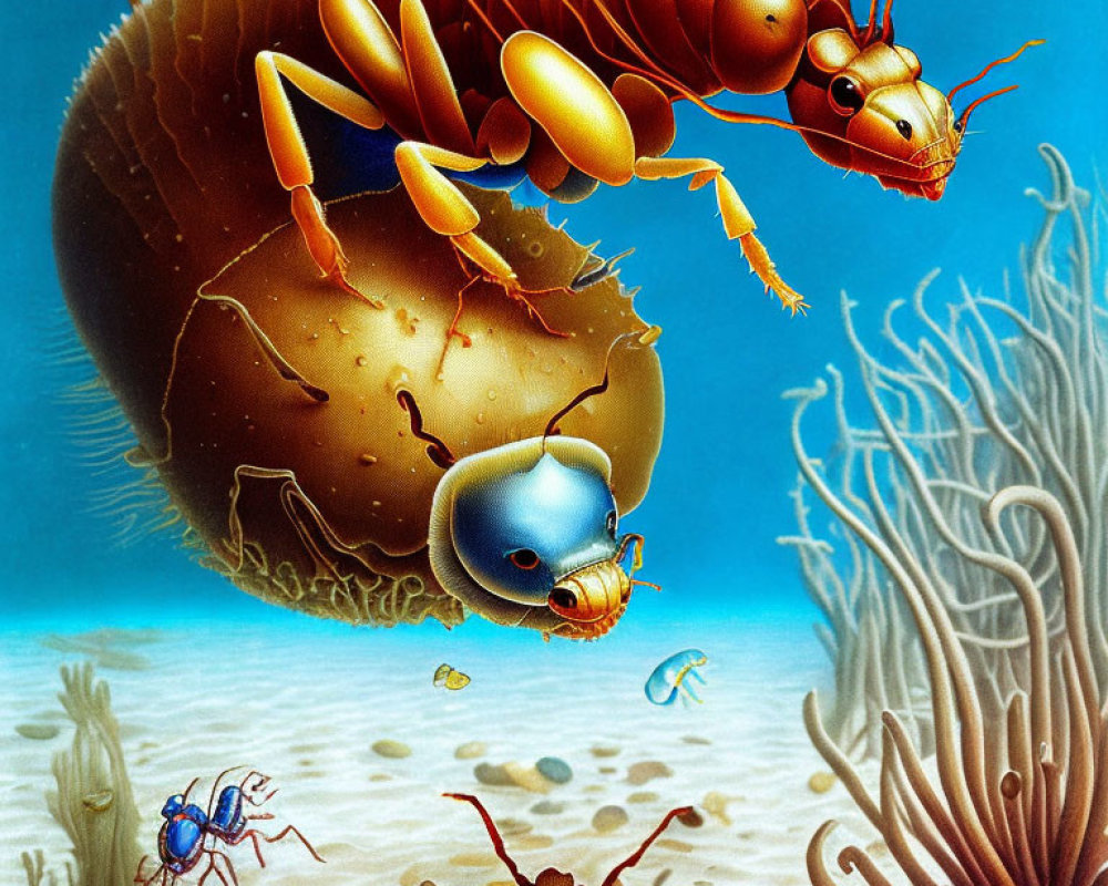 Vibrant oversized ants in surreal underwater scene with bubble rider