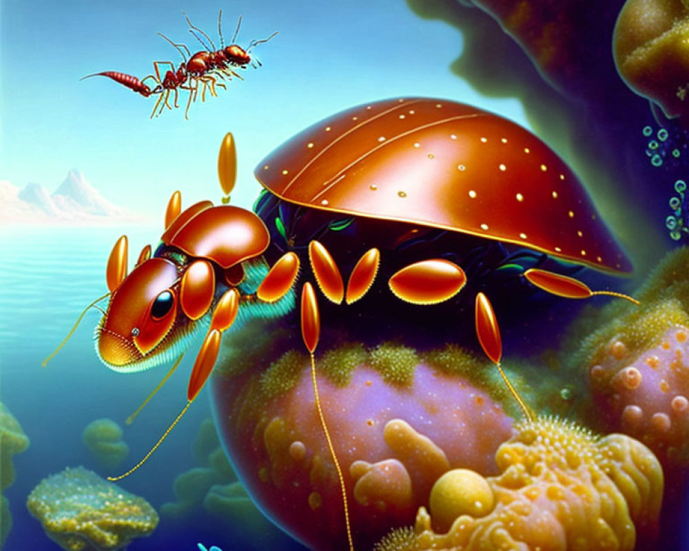 Surreal metallic ants in underwater-themed artwork with coral formations.