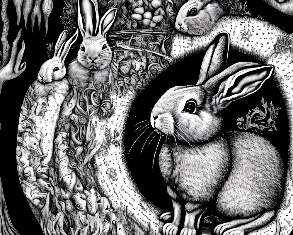 Detailed Monochrome Rabbit Illustration with Foliage and Patterns