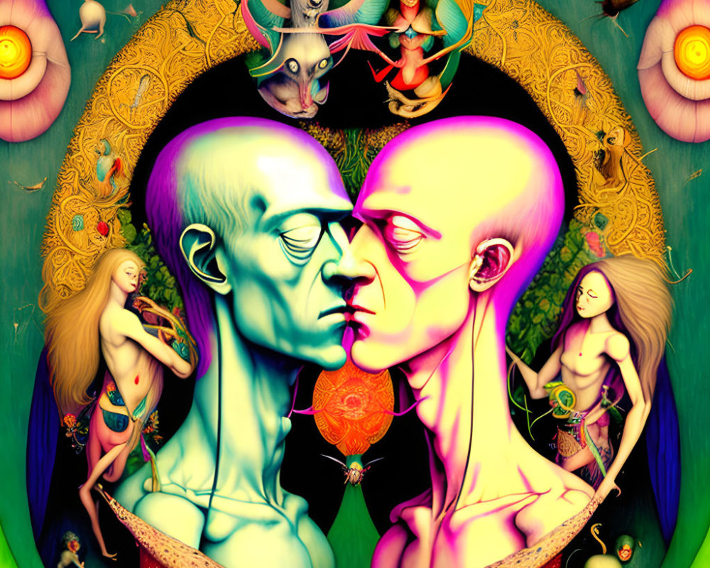 Colorful psychedelic artwork: Two elongated faces about to kiss