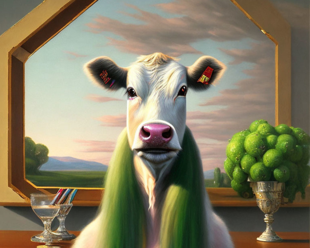 Surreal cow with green hair in mirror against serene landscape with candy bowl