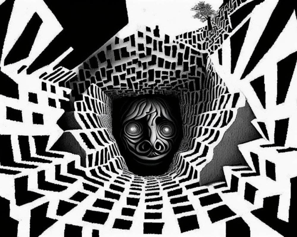 Surreal black and white illustration of distorted tunnel with patterned walls and bizarre face.