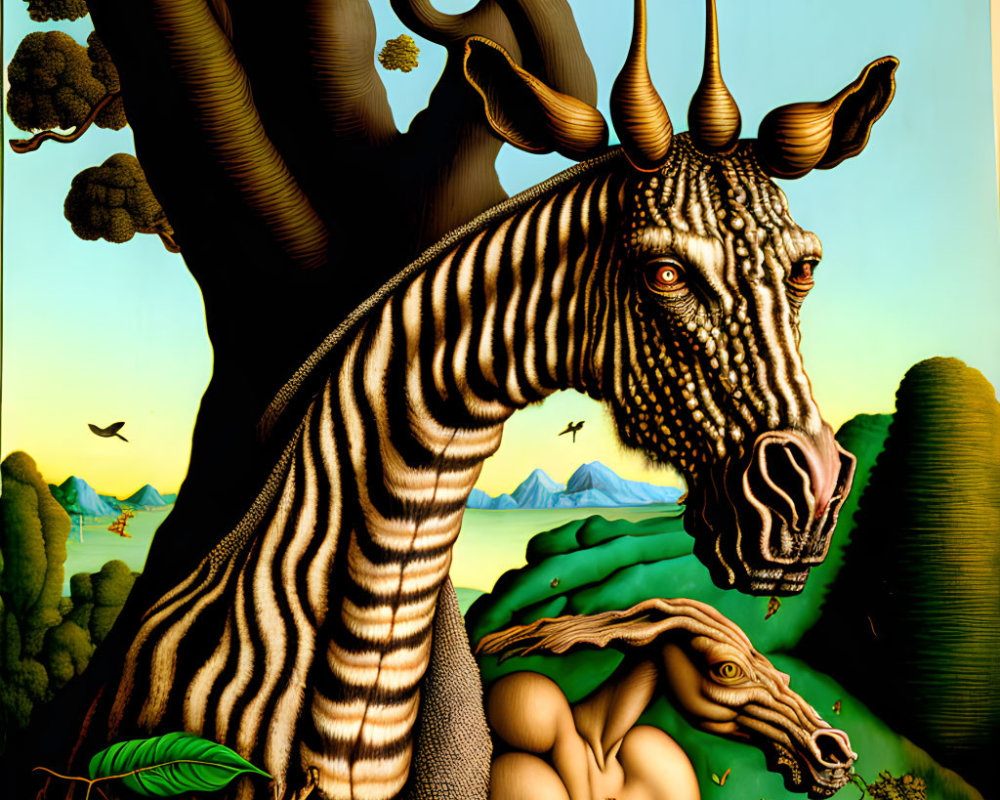 Surreal painting of zebra with twisted horn in vibrant landscape