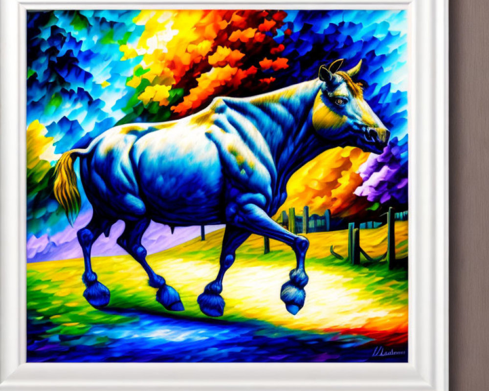 Colorful Framed Painting of Blue Horse on Vibrant Background