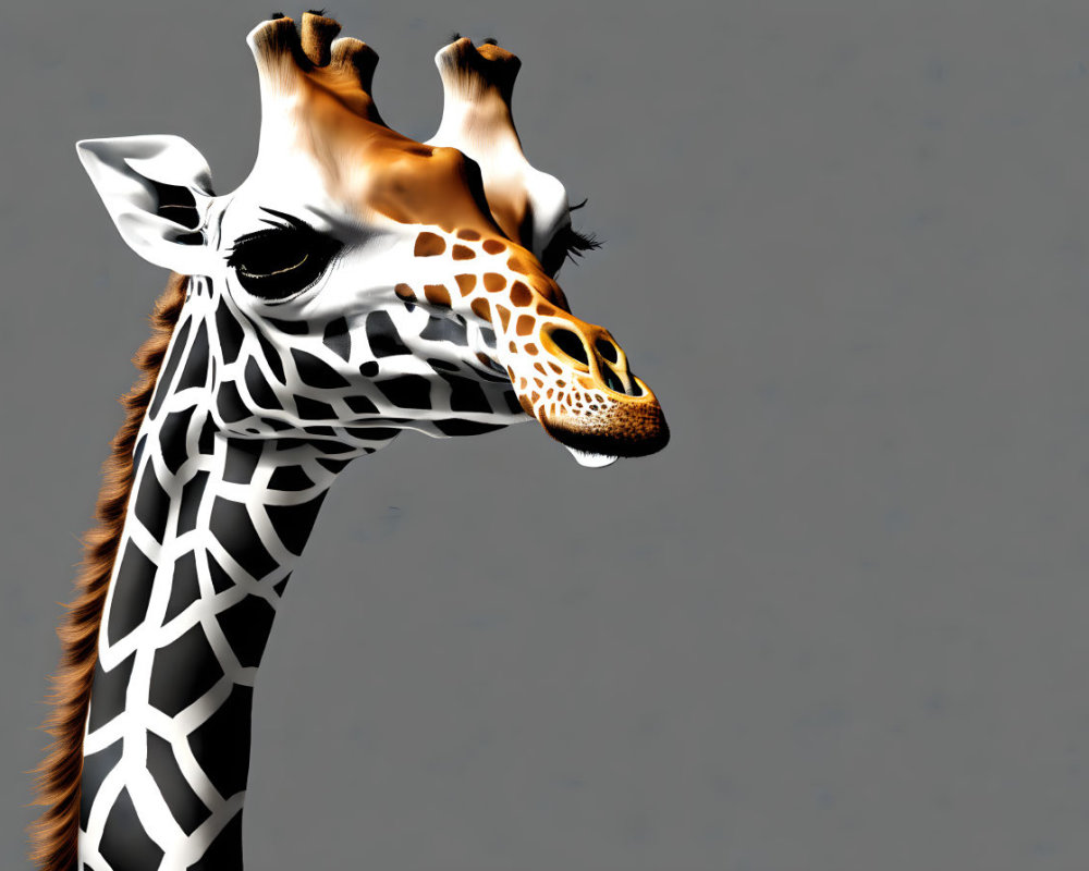 Surreal giraffe illustration with elongated black and white neck pattern