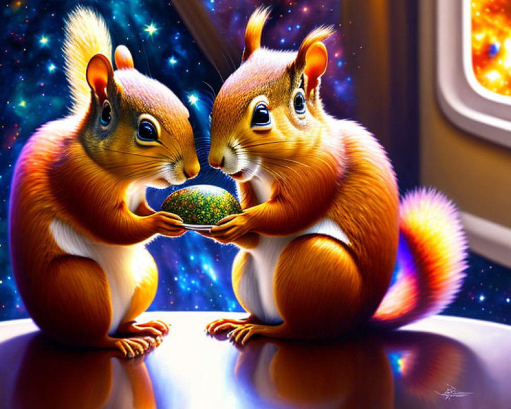 Animated squirrels sharing nut on reflective surface with cosmic background visible through window